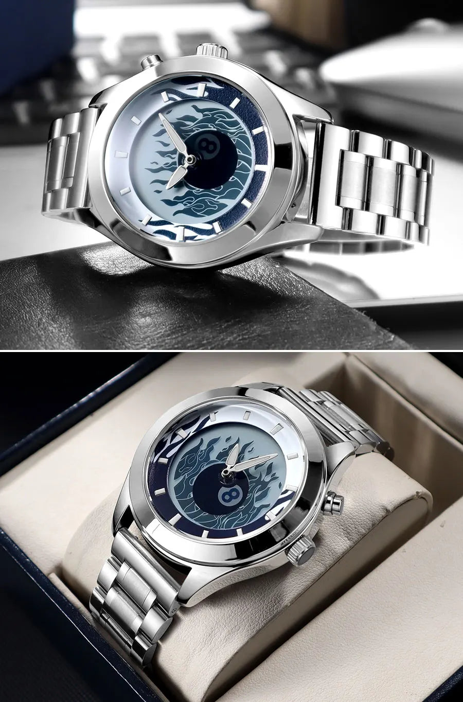 Men's Quartz Watch with Dynamic Animated Flame Display Millennium Retro Creative Futuristic Wristwatch with Stainless Steel Band