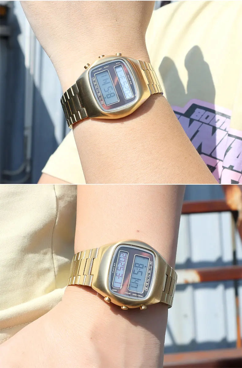 Dual-Display Retro Digital Men's Watch with Backlight Year Month Date Week Display Stainless Steel Strap Unisex Wristwatch