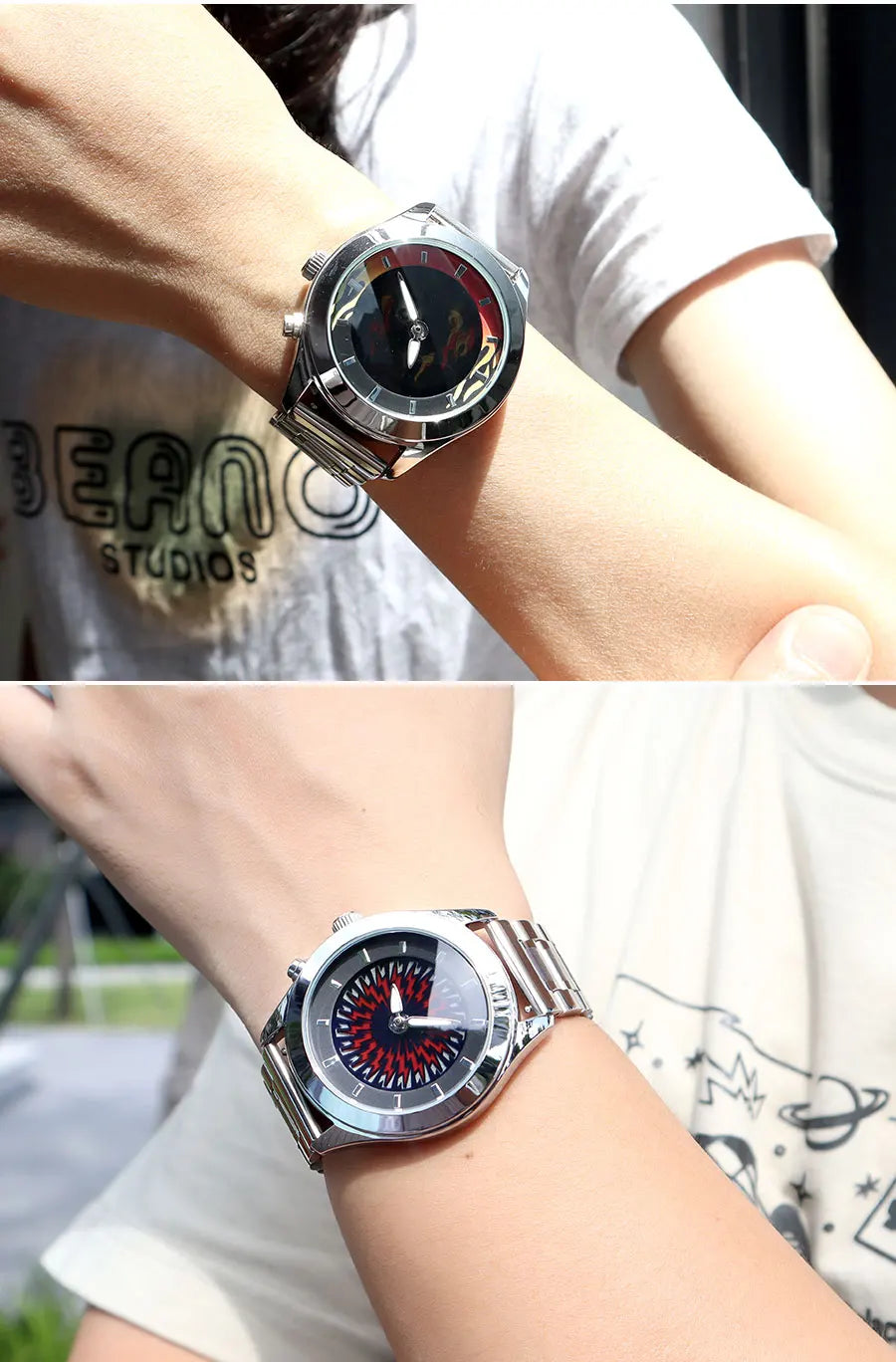 Men's Quartz Watch with Dynamic Animated Flame Display Millennium Retro Creative Futuristic Wristwatch with Stainless Steel Band