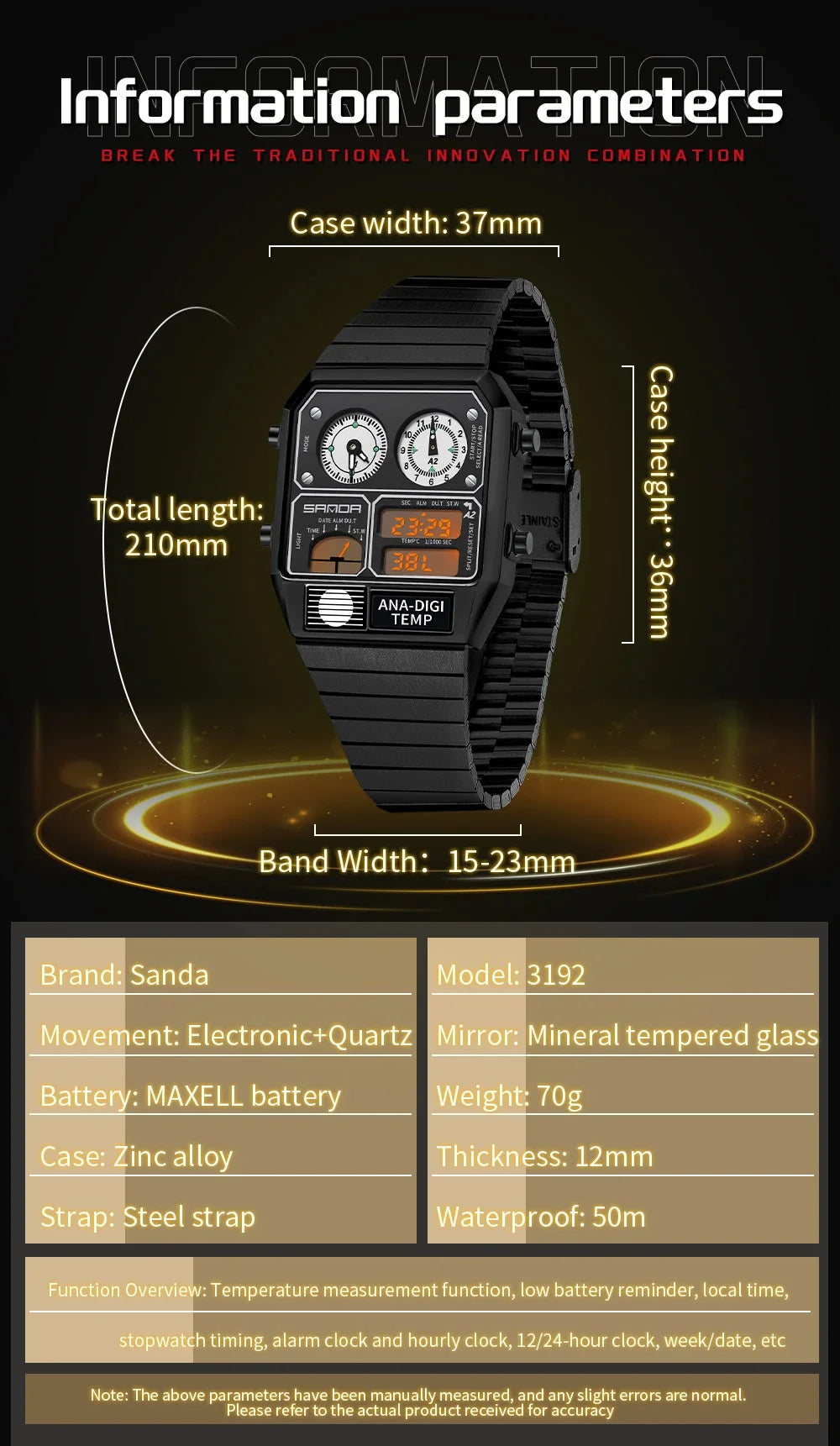 SANDA 3192 Hot-selling LED Electronic Square Men's Youth Casual Multi-function Thermometer Stopwatch Chronograph Men’s Watch