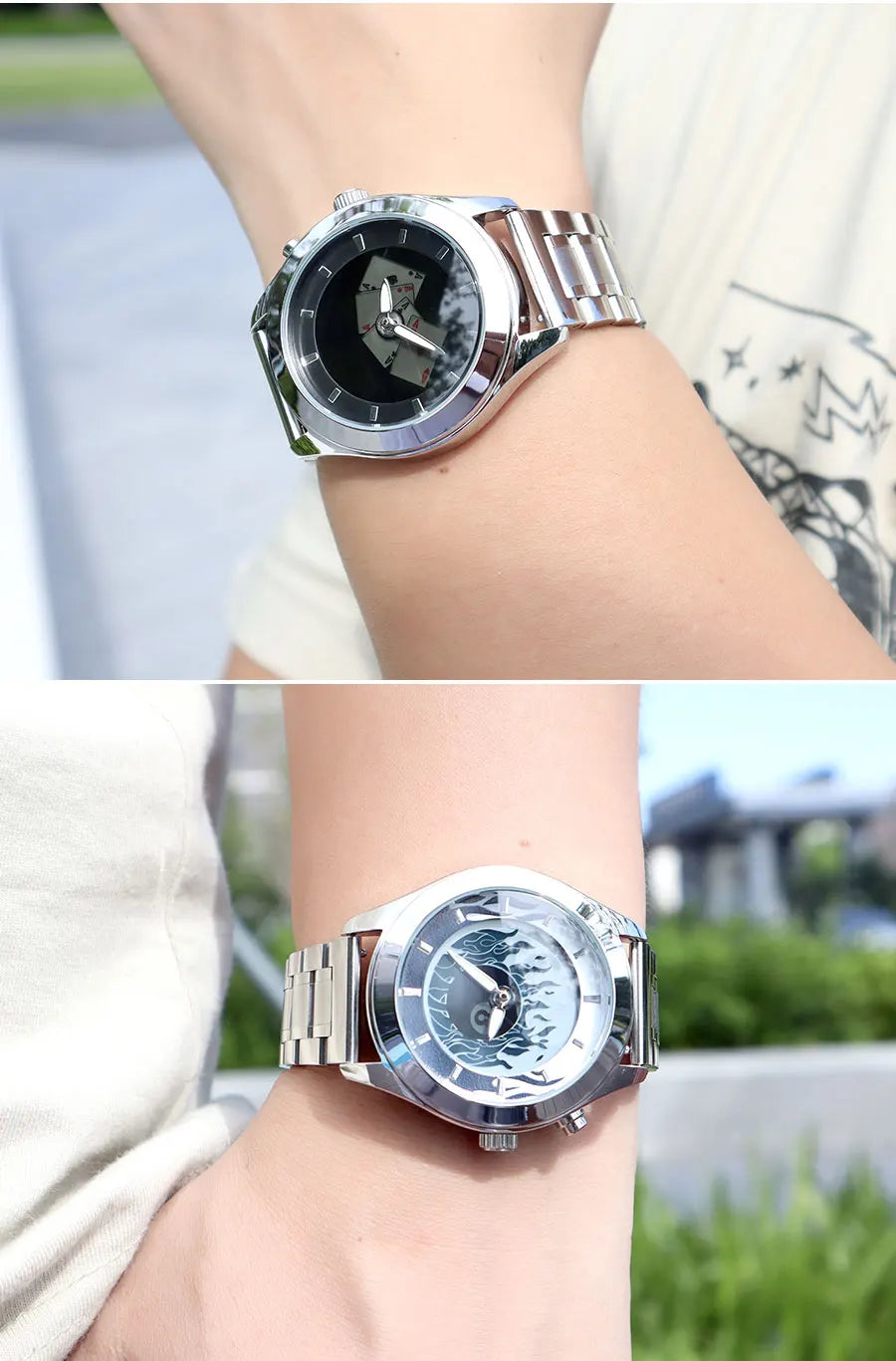 Men's Quartz Watch with Dynamic Animated Flame Display Millennium Retro Creative Futuristic Wristwatch with Stainless Steel Band