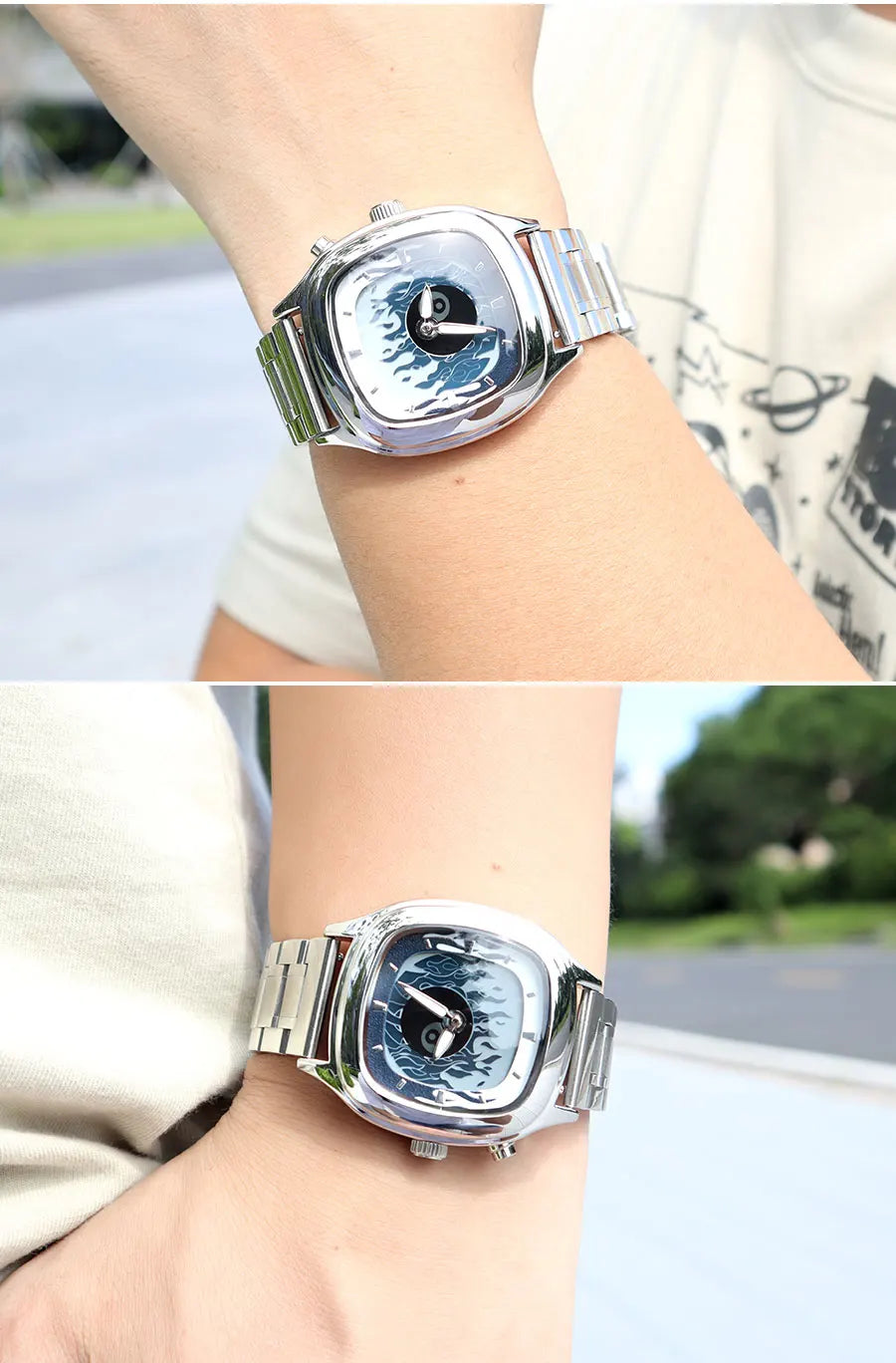 Retro Millennium Watch for Men with Dynamic Flame Dial Unique Creative Quartz Wristwatch with Stainless Steel Strap Square Case