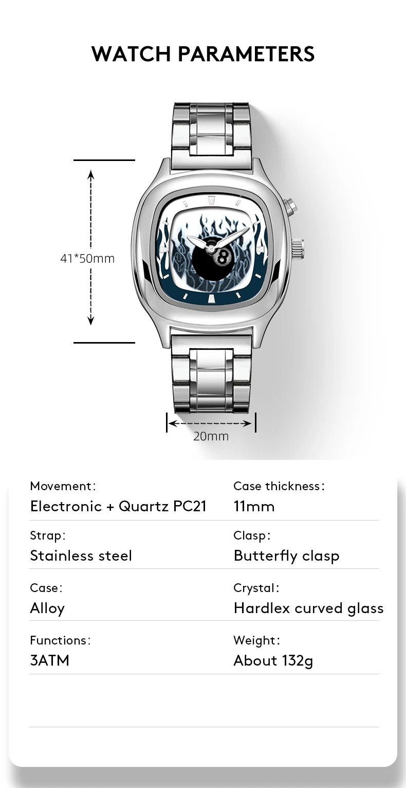 Retro Millennium Watch for Men with Dynamic Flame Dial Unique Creative Quartz Wristwatch with Stainless Steel Strap Square Case