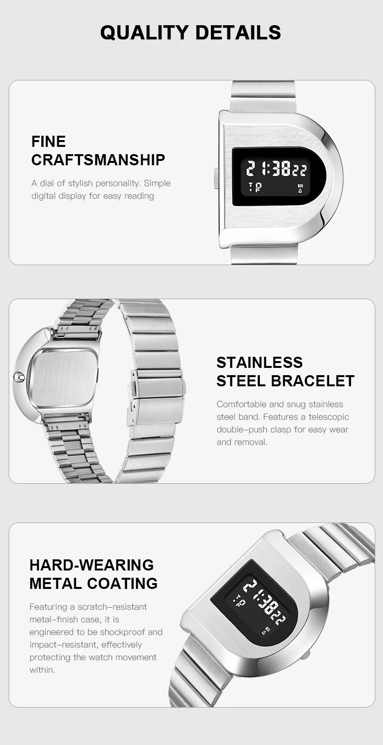 Fashion Unisex Digital Electronic Watch with Stopwatch Backlight Alarm Week Date Stainless Steel Band Wristwatch for Couple 0321