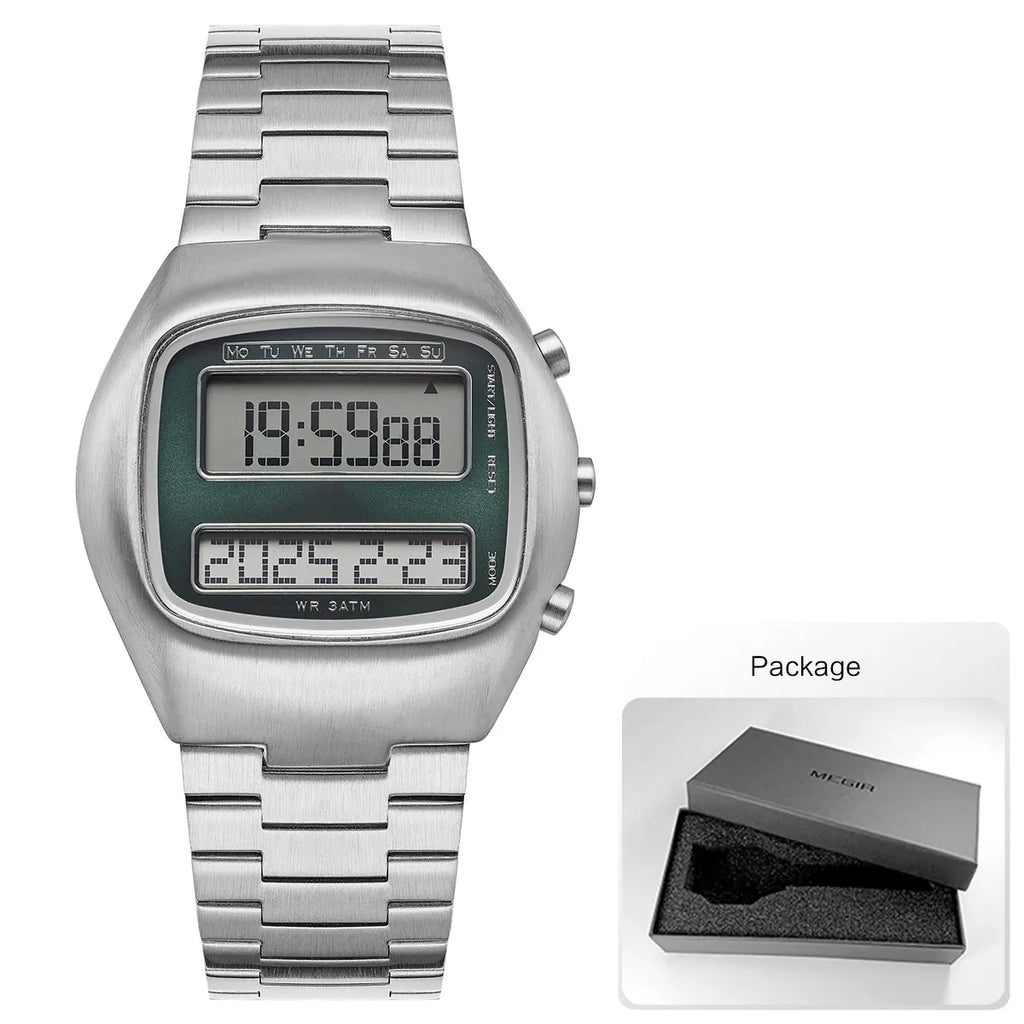 Dual-Display Retro Digital Men's Watch with Backlight Year Month Date Week Display Stainless Steel Strap Unisex Wristwatch