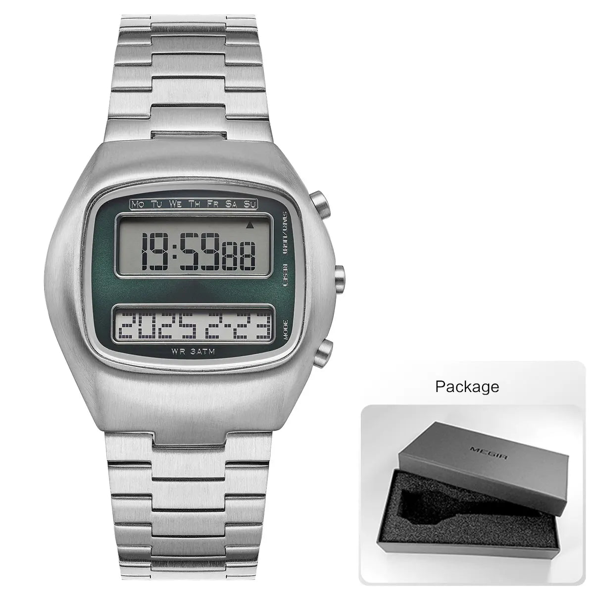 Dual-Display Retro Digital Men's Watch with Backlight Year Month Date Week Display Stainless Steel Strap Unisex Wristwatch