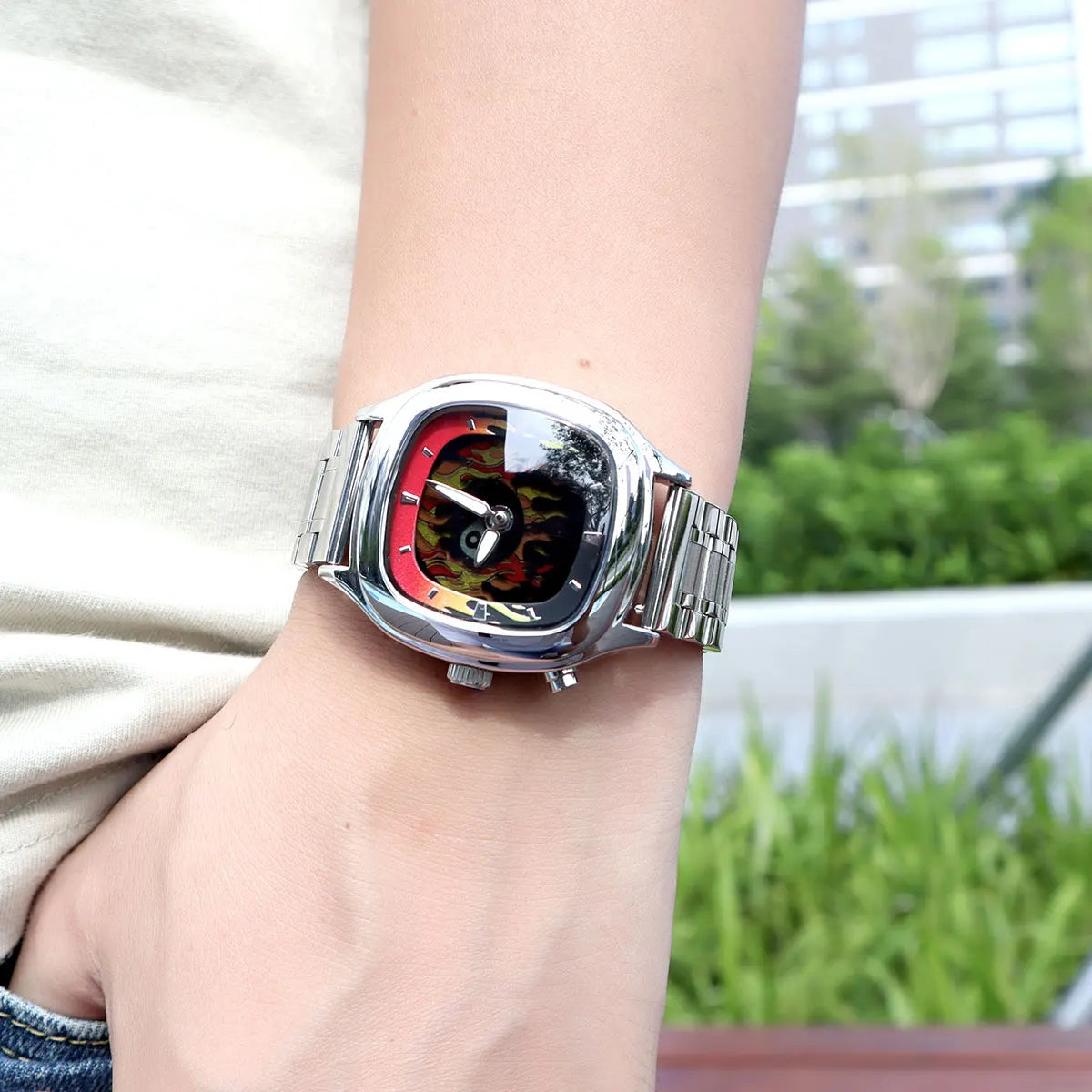 Retro Millennium Watch for Men with Dynamic Flame Dial Unique Creative Quartz Wristwatch with Stainless Steel Strap Square Case