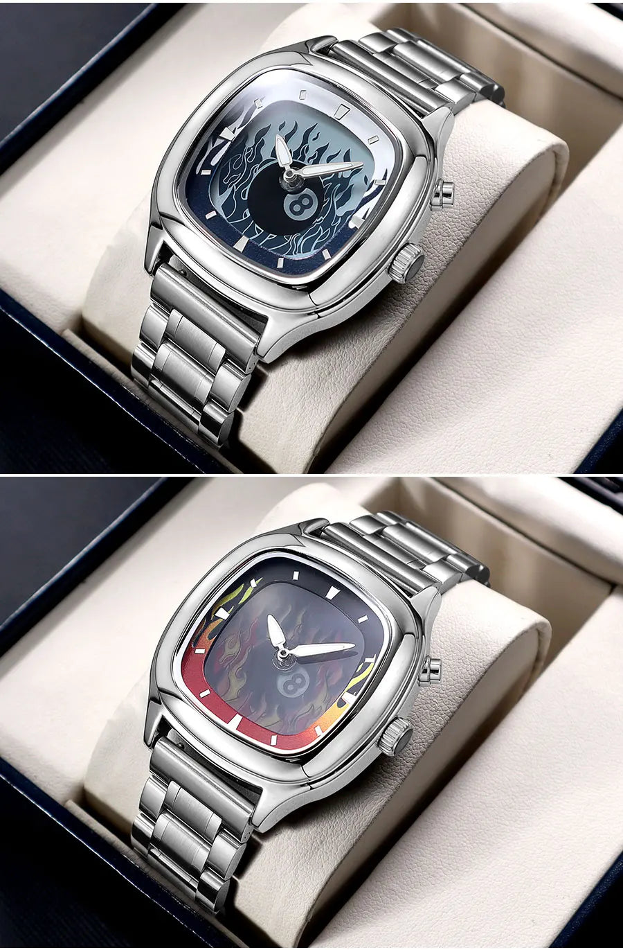 Retro Millennium Watch for Men with Dynamic Flame Dial Unique Creative Quartz Wristwatch with Stainless Steel Strap Square Case