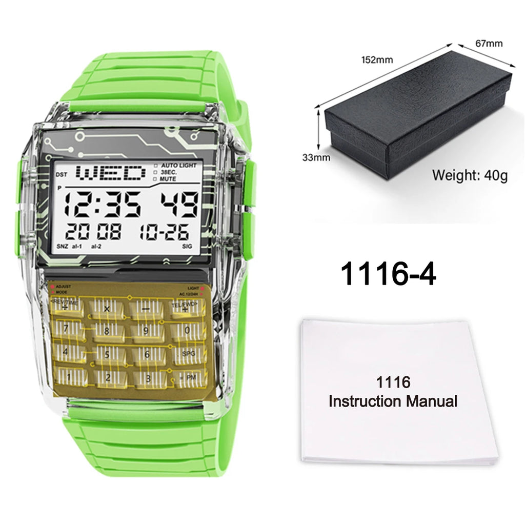 Transparent Case Plastic Watch Men Multifunction Calculator Watch Luminous LED Watch Top Luxury Men Watch Computer Style