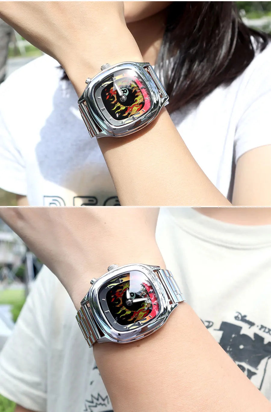 Retro Millennium Watch for Men with Dynamic Flame Dial Unique Creative Quartz Wristwatch with Stainless Steel Strap Square Case