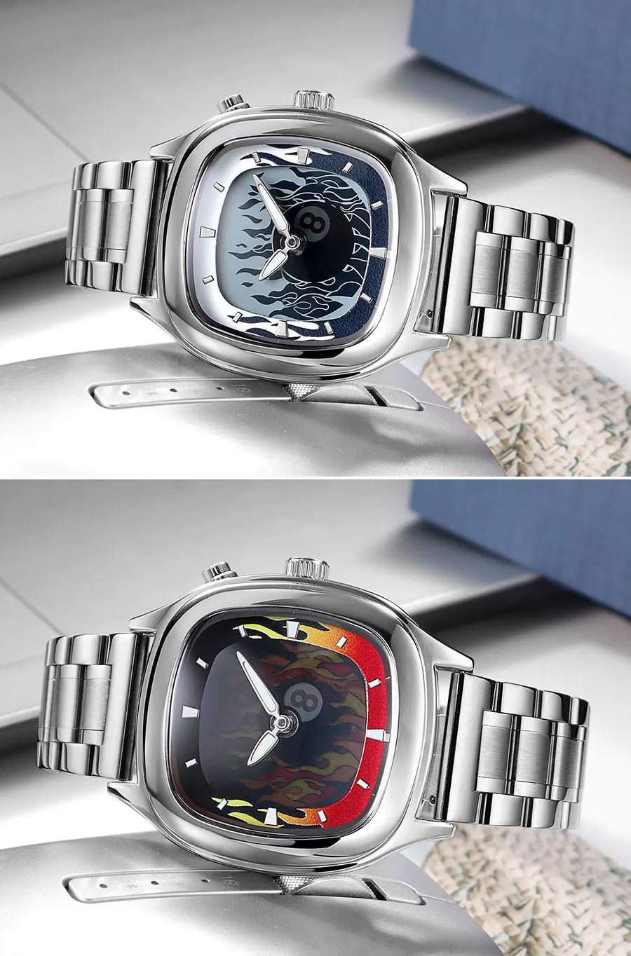 Retro Millennium Watch for Men with Dynamic Flame Dial Unique Creative Quartz Wristwatch with Stainless Steel Strap Square Case