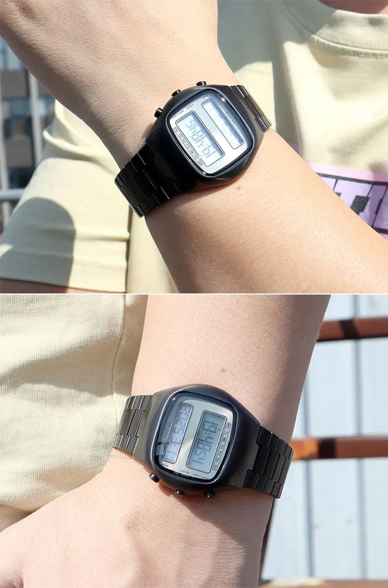 Dual-Display Retro Digital Men's Watch with Backlight Year Month Date Week Display Stainless Steel Strap Unisex Wristwatch