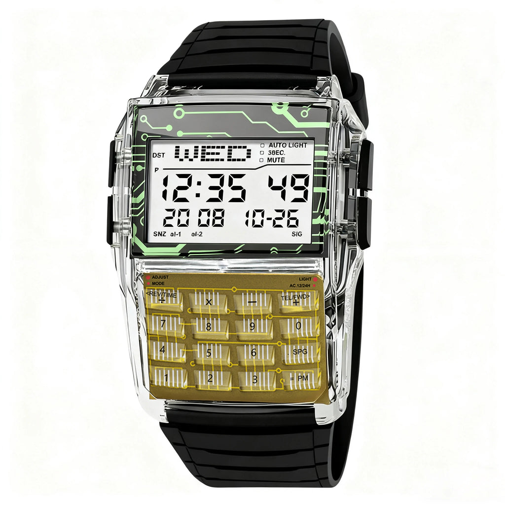 Transparent Case Plastic Watch Men Multifunction Calculator Watch Luminous LED Watch Top Luxury Men Watch Computer Style