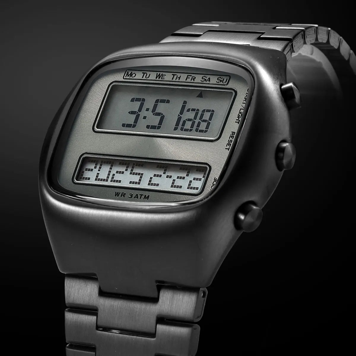 Dual-Display Retro Digital Men's Watch with Backlight Year Month Date Week Display Stainless Steel Strap Unisex Wristwatch