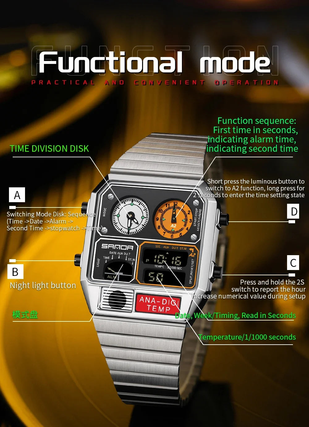 SANDA 3192 Hot-selling LED Electronic Square Men's Youth Casual Multi-function Thermometer Stopwatch Chronograph Men’s Watch