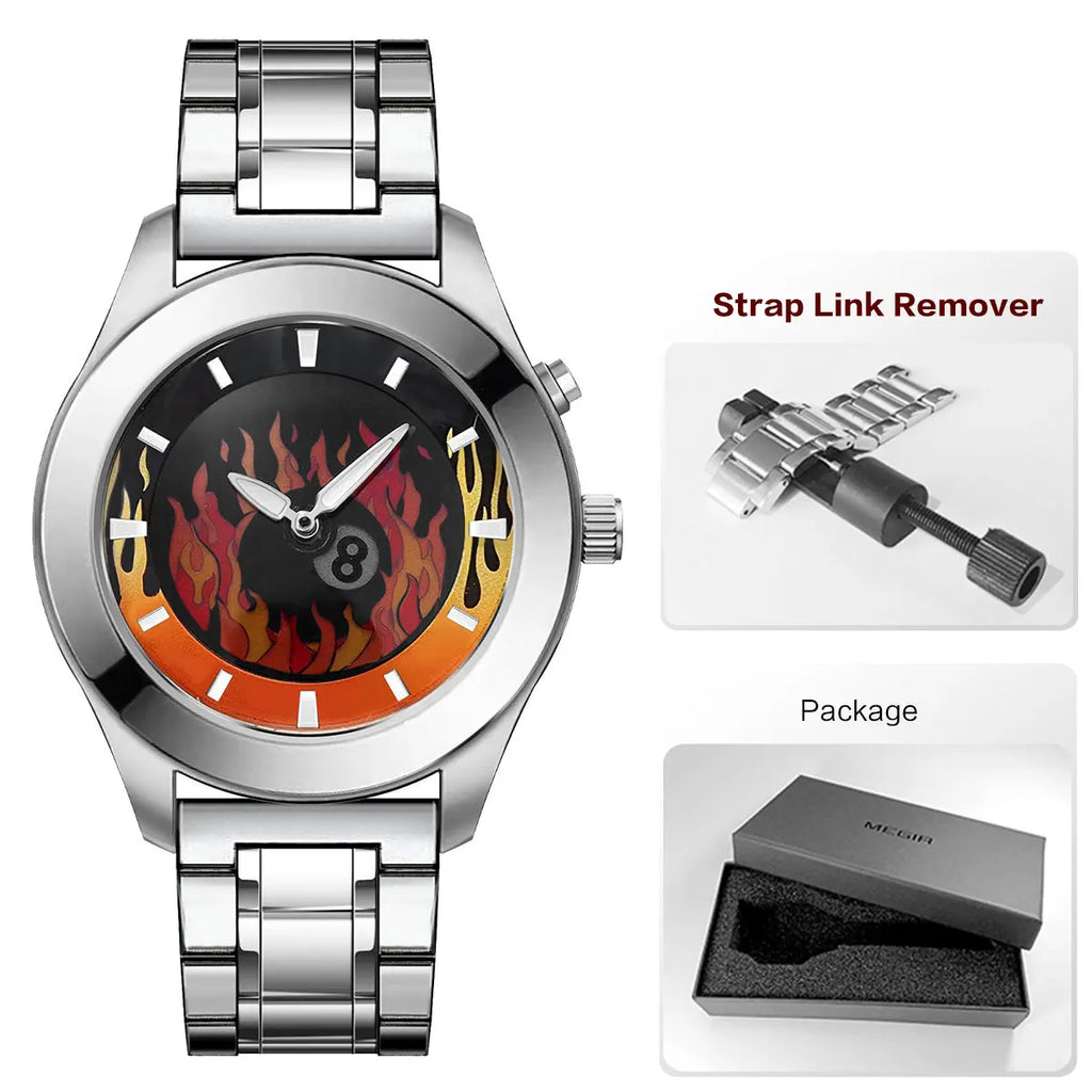 Men's Quartz Watch with Dynamic Animated Flame Display Millennium Retro Creative Futuristic Wristwatch with Stainless Steel Band