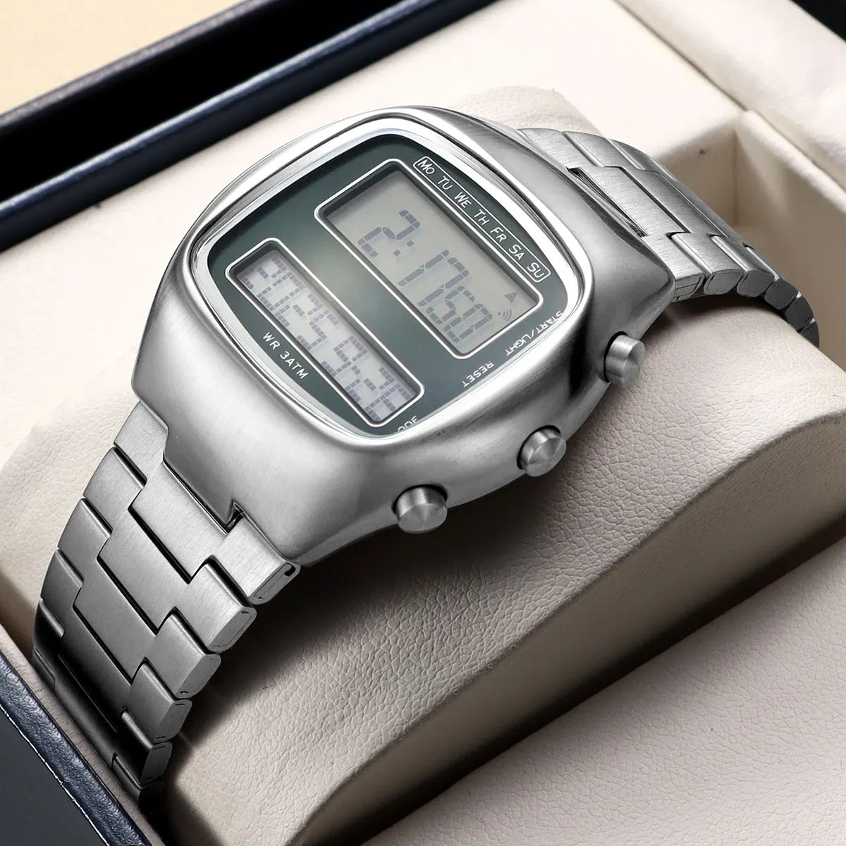 Dual-Display Retro Digital Men's Watch with Backlight Year Month Date Week Display Stainless Steel Strap Unisex Wristwatch