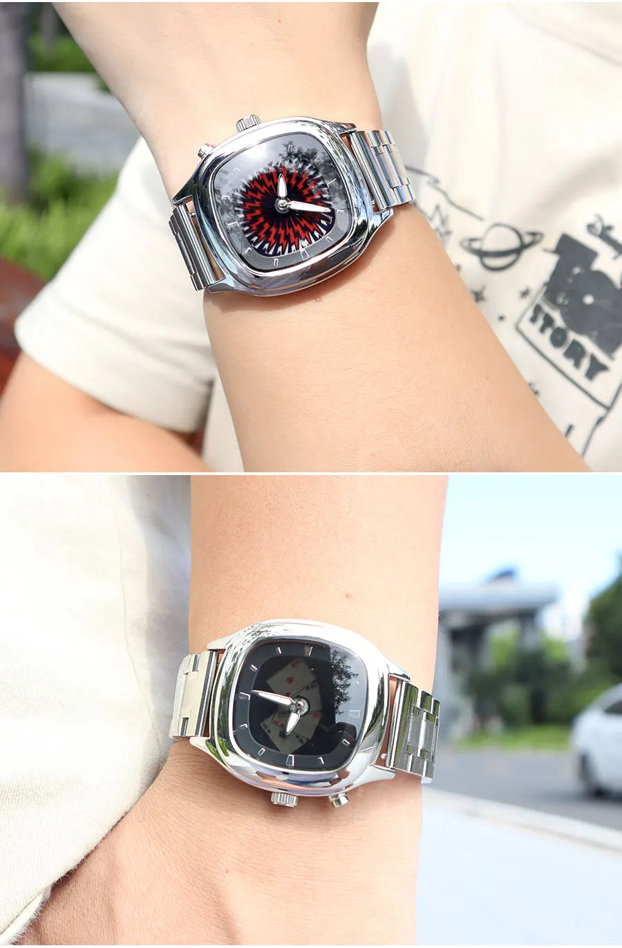 Retro Millennium Watch for Men with Dynamic Flame Dial Unique Creative Quartz Wristwatch with Stainless Steel Strap Square Case