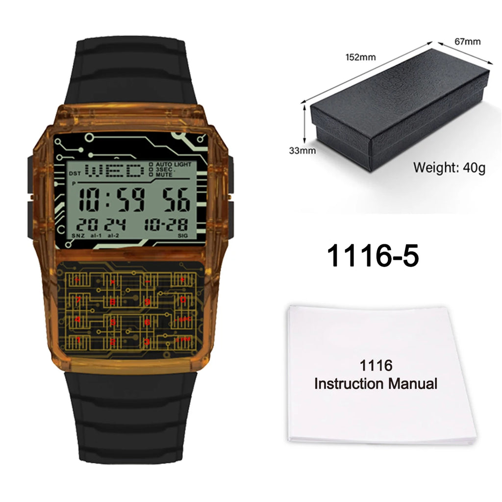 Transparent Case Plastic Watch Men Multifunction Calculator Watch Luminous LED Watch Top Luxury Men Watch Computer Style