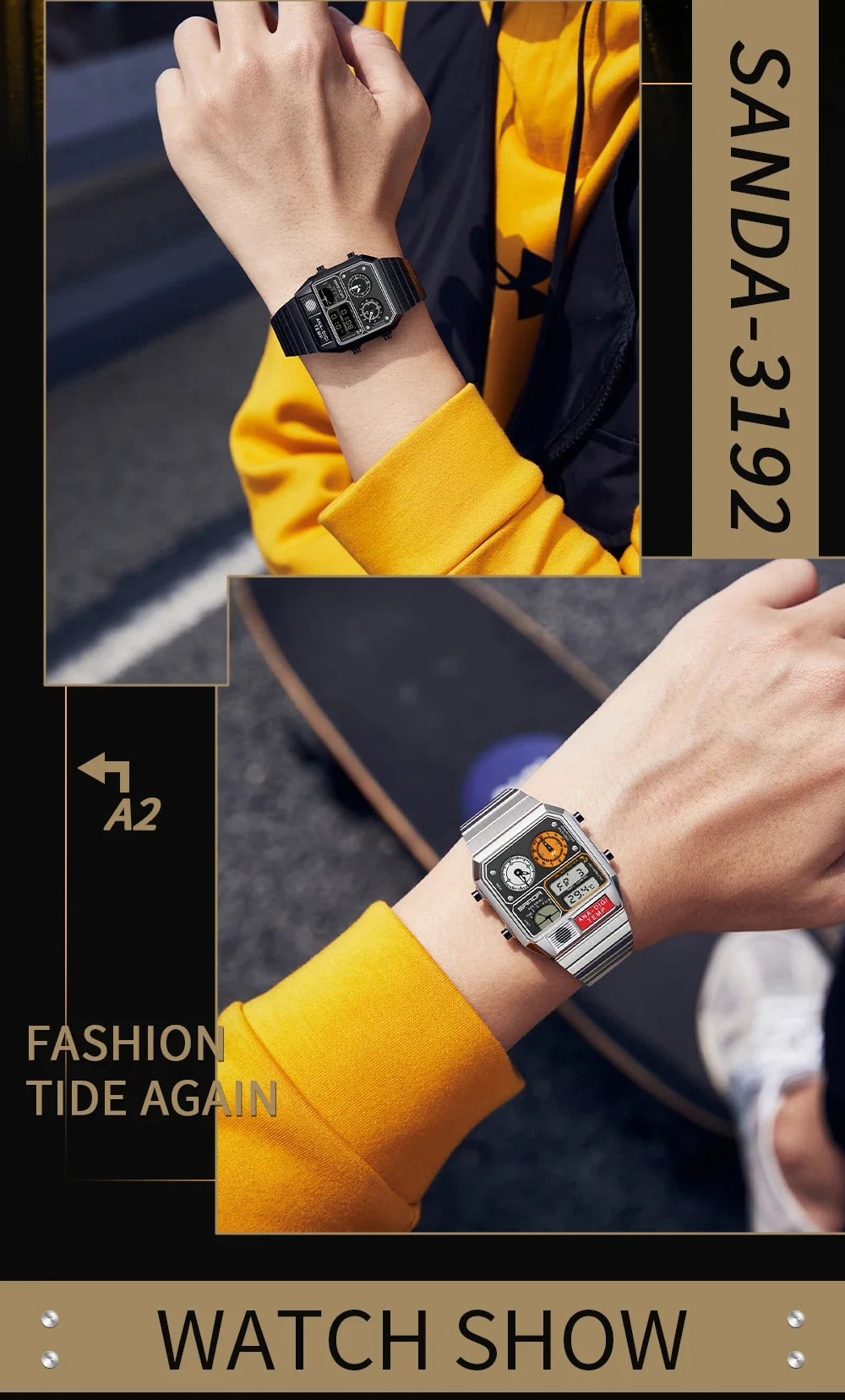 SANDA 3192 Hot-selling LED Electronic Square Men's Youth Casual Multi-function Thermometer Stopwatch Chronograph Men’s Watch