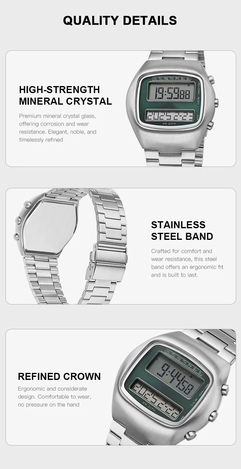 Dual-Display Retro Digital Men's Watch with Backlight Year Month Date Week Display Stainless Steel Strap Unisex Wristwatch