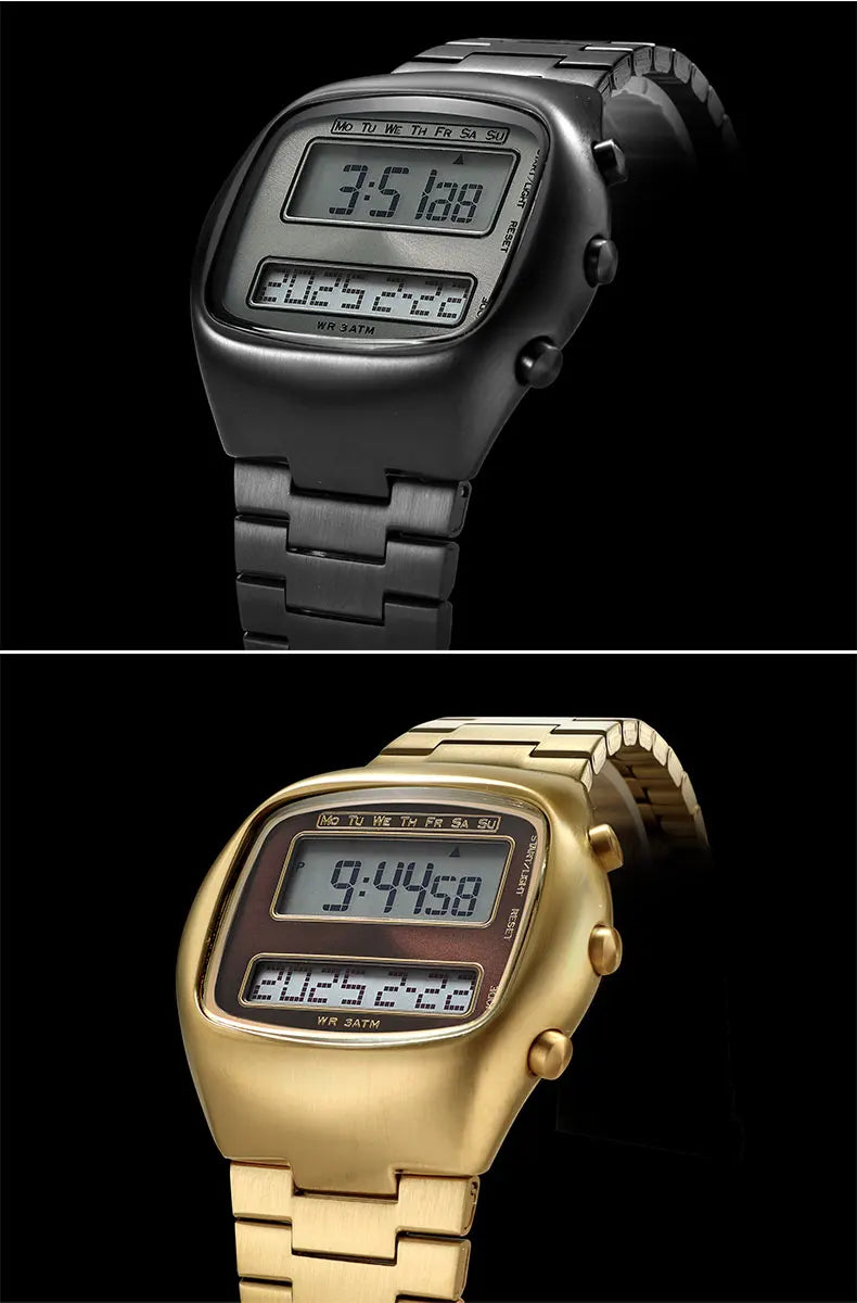 Dual-Display Retro Digital Men's Watch with Backlight Year Month Date Week Display Stainless Steel Strap Unisex Wristwatch