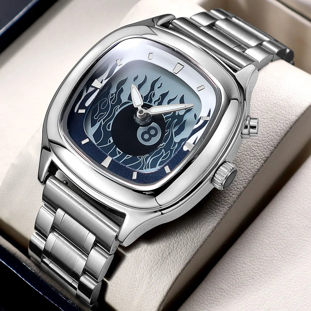 Retro Millennium Watch for Men with Dynamic Flame Dial Unique Creative Quartz Wristwatch with Stainless Steel Strap Square Case