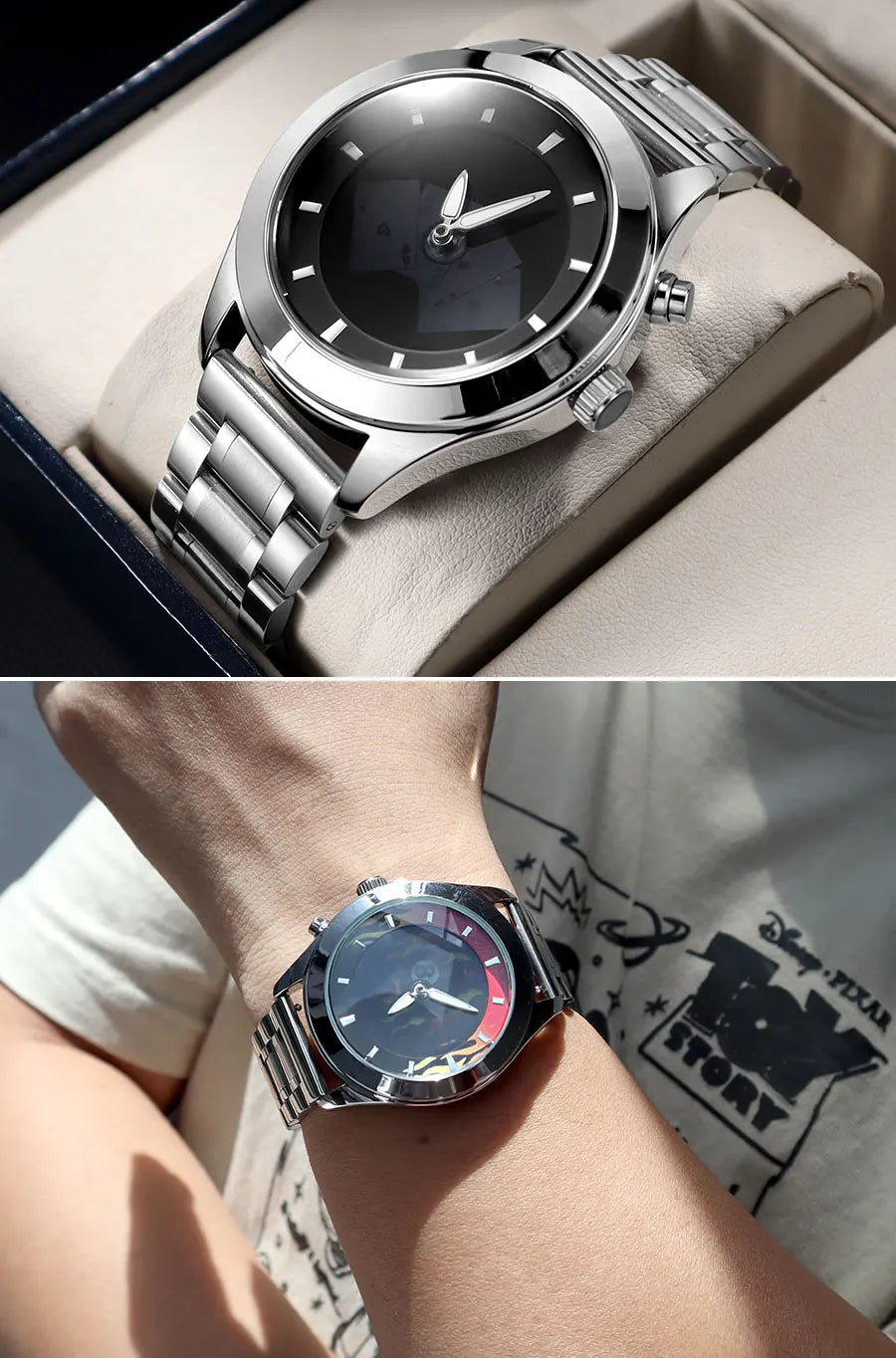 Men's Quartz Watch with Dynamic Animated Flame Display Millennium Retro Creative Futuristic Wristwatch with Stainless Steel Band