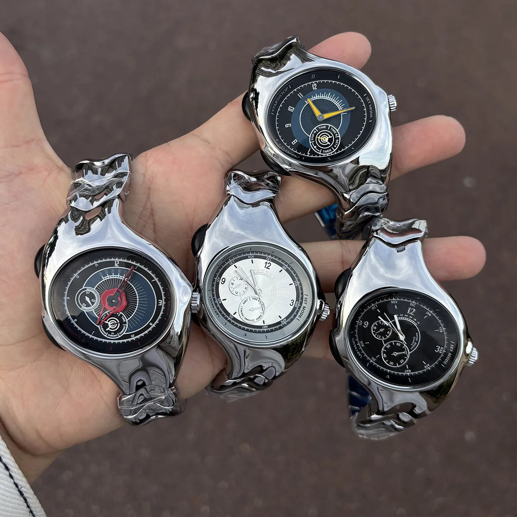 Alien Retro Twisted Case Y2k Quartz Watch Mens Silver Dial Oval Ellipse Special Fashion Unique Design Steel Men Watch AAA Clock