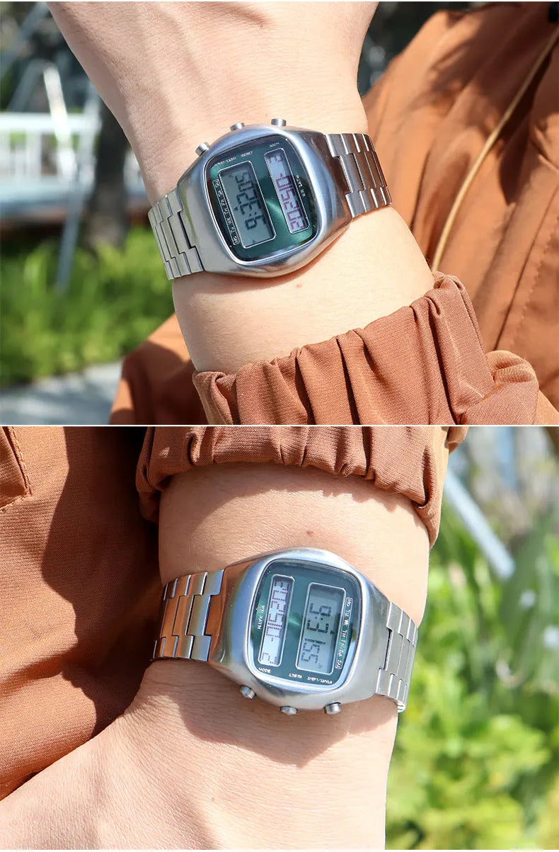 Dual-Display Retro Digital Men's Watch with Backlight Year Month Date Week Display Stainless Steel Strap Unisex Wristwatch