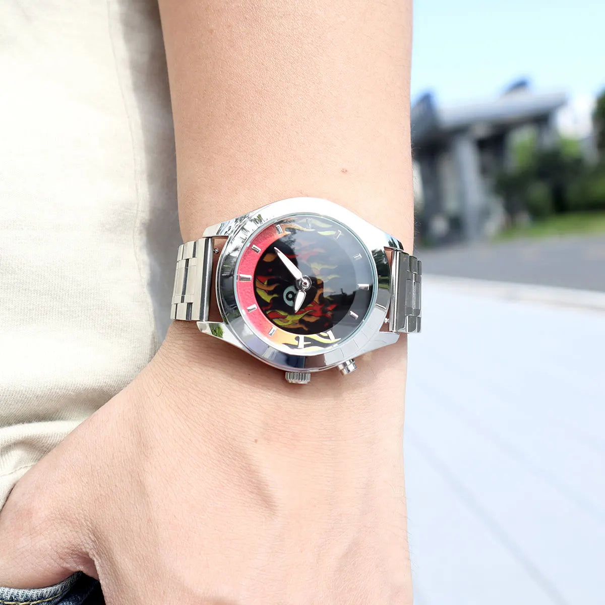 Men's Quartz Watch with Dynamic Animated Flame Display Millennium Retro Creative Futuristic Wristwatch with Stainless Steel Band