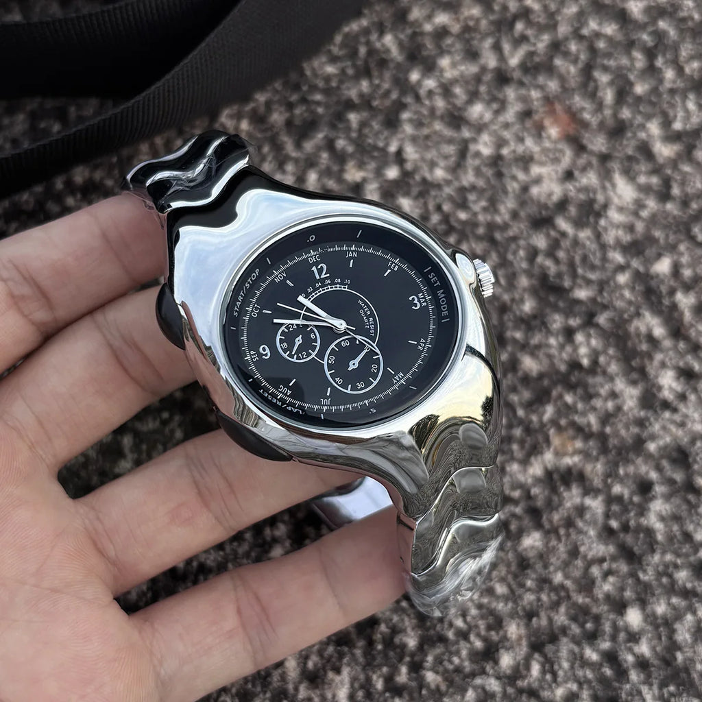 Alien Retro Twisted Case Y2k Quartz Watch Mens Silver Dial Oval Ellipse Special Fashion Unique Design Steel Men Watch AAA Clock