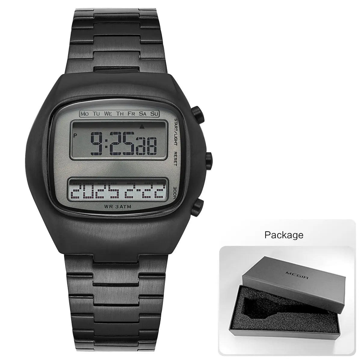Dual-Display Retro Digital Men's Watch with Backlight Year Month Date Week Display Stainless Steel Strap Unisex Wristwatch