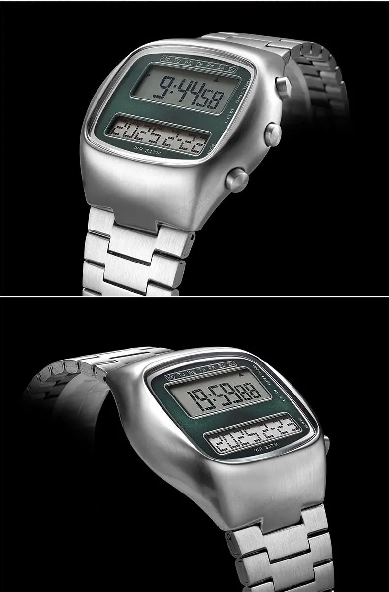 Dual-Display Retro Digital Men's Watch with Backlight Year Month Date Week Display Stainless Steel Strap Unisex Wristwatch
