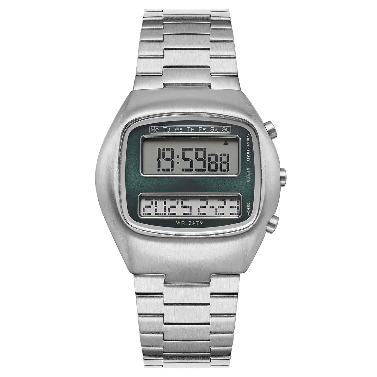 Dual-Display Retro Digital Men's Watch with Backlight Year Month Date Week Display Stainless Steel Strap Unisex Wristwatch