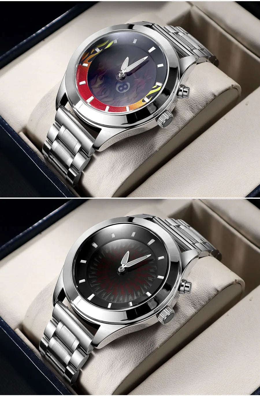 Men's Quartz Watch with Dynamic Animated Flame Display Millennium Retro Creative Futuristic Wristwatch with Stainless Steel Band