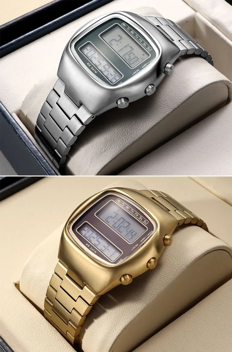 Dual-Display Retro Digital Men's Watch with Backlight Year Month Date Week Display Stainless Steel Strap Unisex Wristwatch