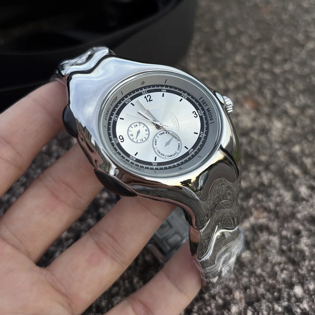 Alien Retro Twisted Case Y2k Quartz Watch Mens Silver Dial Oval Ellipse Special Fashion Unique Design Steel Men Watch AAA Clock