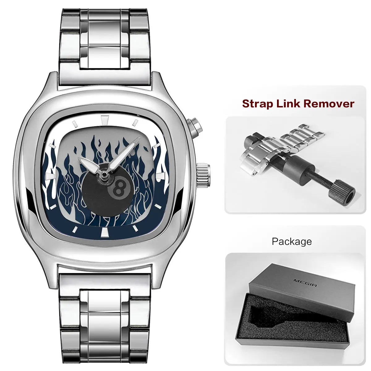 Retro Millennium Watch for Men with Dynamic Flame Dial Unique Creative Quartz Wristwatch with Stainless Steel Strap Square Case