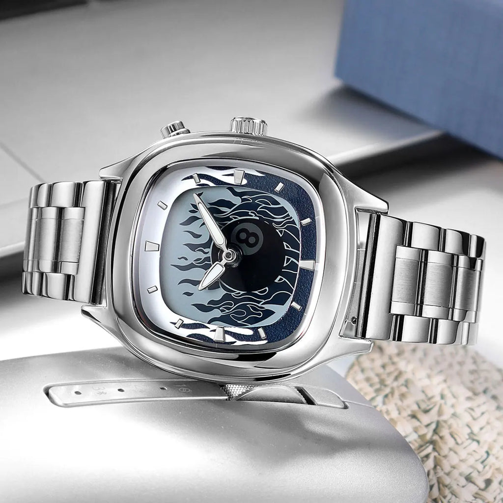 Retro Millennium Watch for Men with Dynamic Flame Dial Unique Creative Quartz Wristwatch with Stainless Steel Strap Square Case