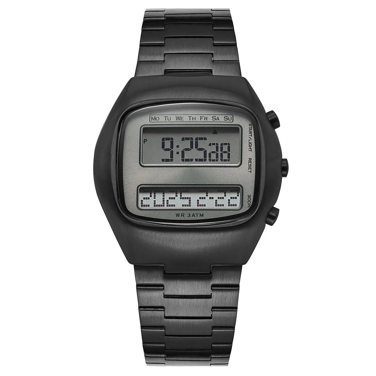 Dual-Display Retro Digital Men's Watch with Backlight Year Month Date Week Display Stainless Steel Strap Unisex Wristwatch