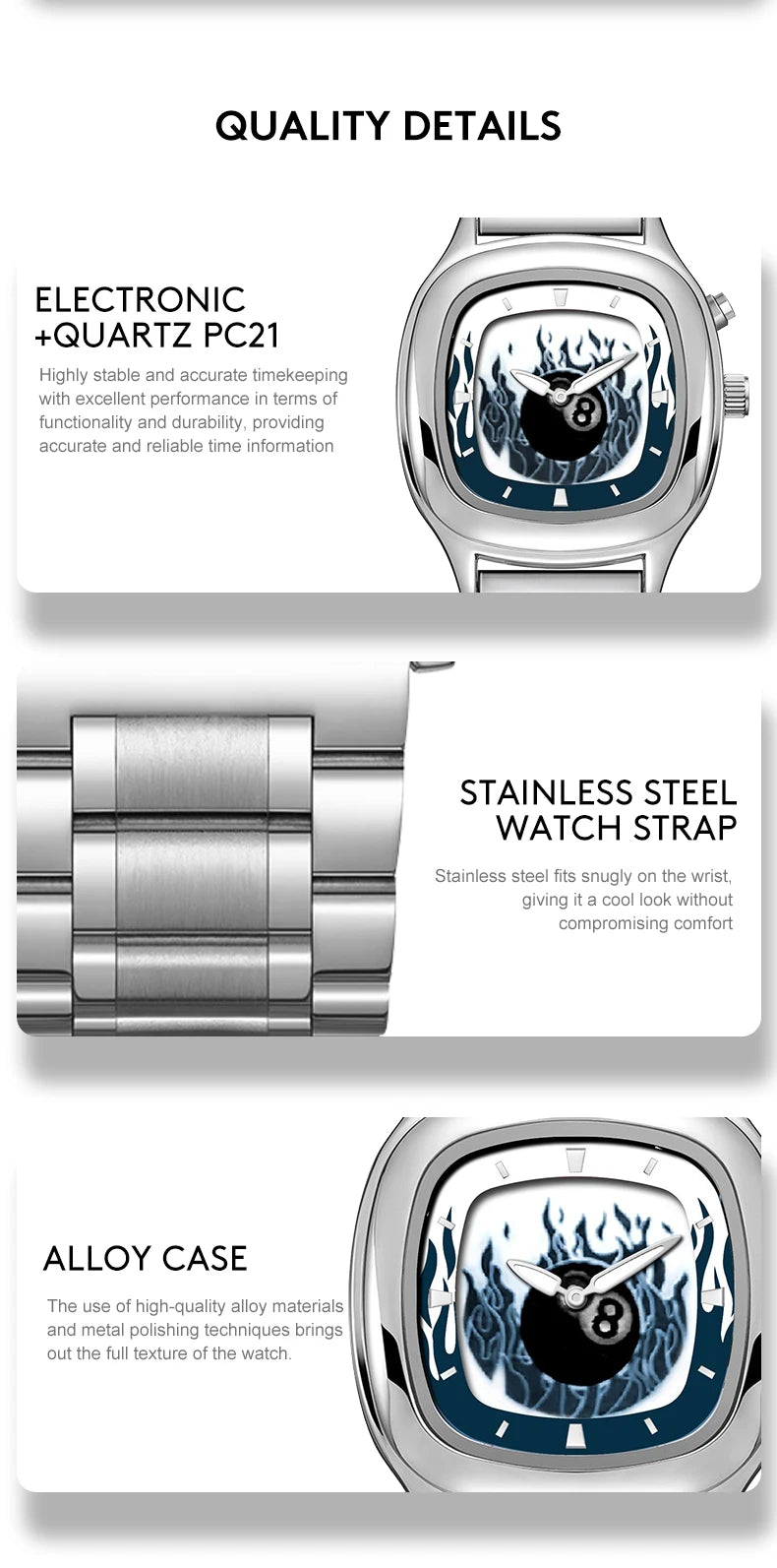 Retro Millennium Watch for Men with Dynamic Flame Dial Unique Creative Quartz Wristwatch with Stainless Steel Strap Square Case