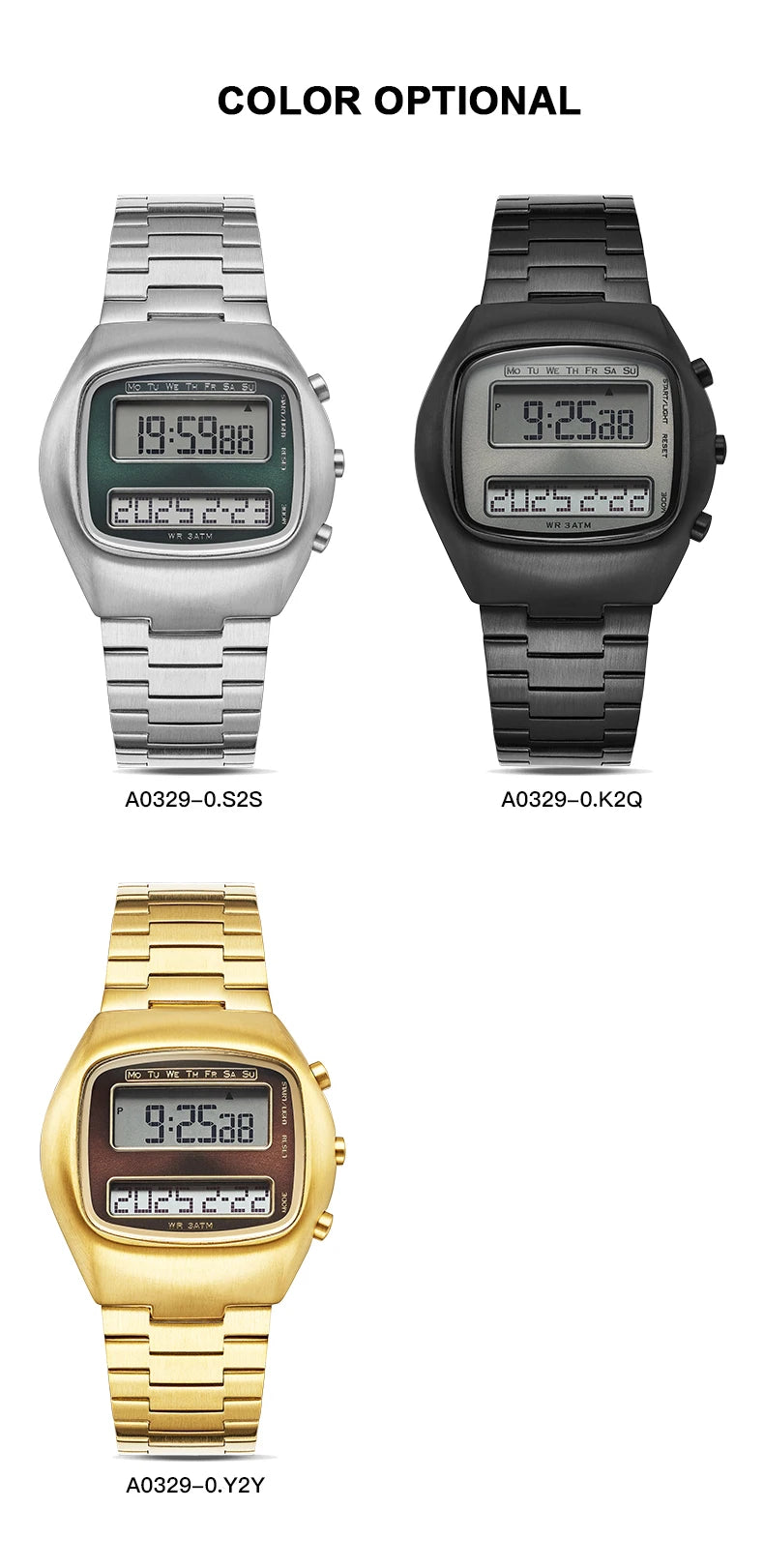 Dual-Display Retro Digital Men's Watch with Backlight Year Month Date Week Display Stainless Steel Strap Unisex Wristwatch