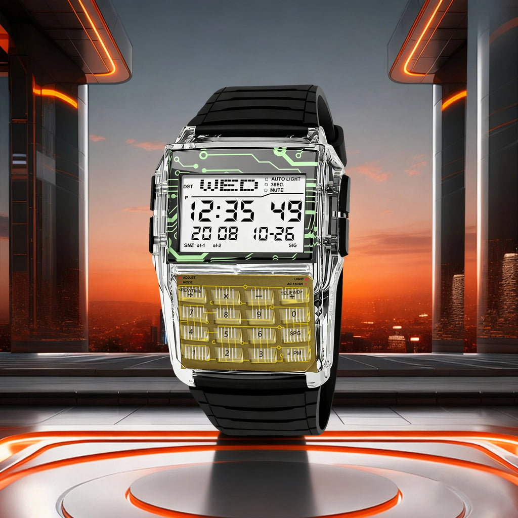 Transparent Case Plastic Watch Men Multifunction Calculator Watch Luminous LED Watch Top Luxury Men Watch Computer Style