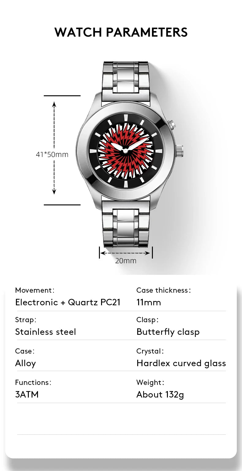 Men's Quartz Watch with Dynamic Animated Flame Display Millennium Retro Creative Futuristic Wristwatch with Stainless Steel Band