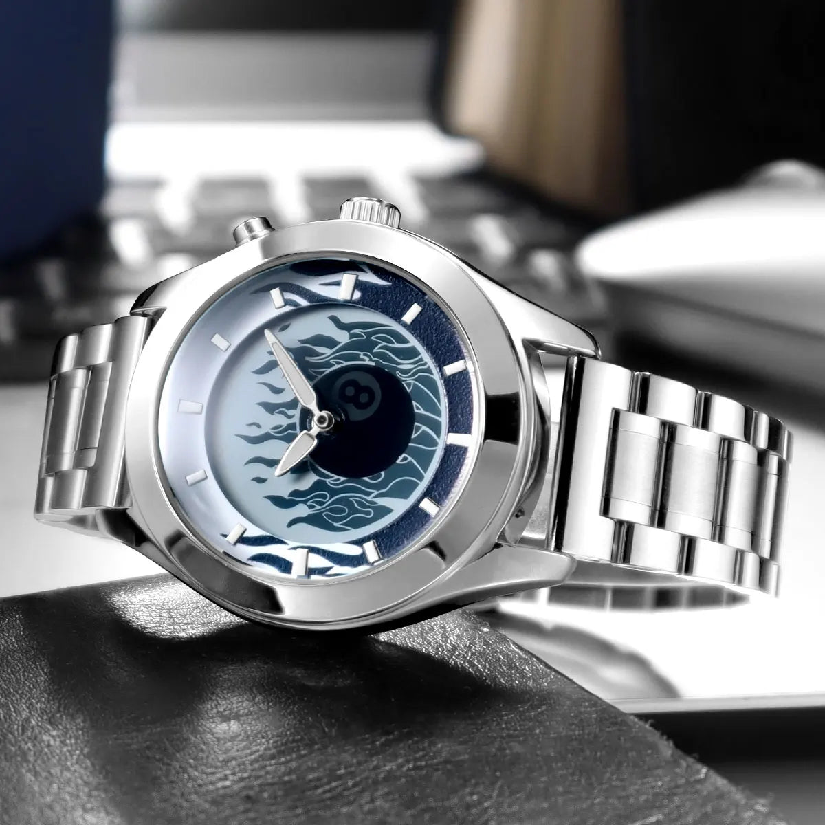 Men's Quartz Watch with Dynamic Animated Flame Display Millennium Retro Creative Futuristic Wristwatch with Stainless Steel Band