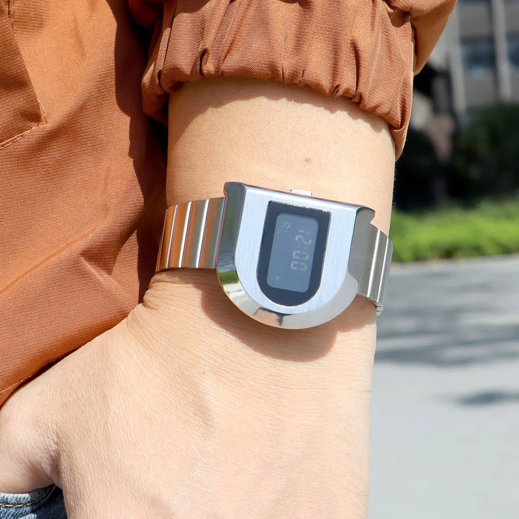 Fashion Unisex Digital Electronic Watch with Stopwatch Backlight Alarm Week Date Stainless Steel Band Wristwatch for Couple 0321