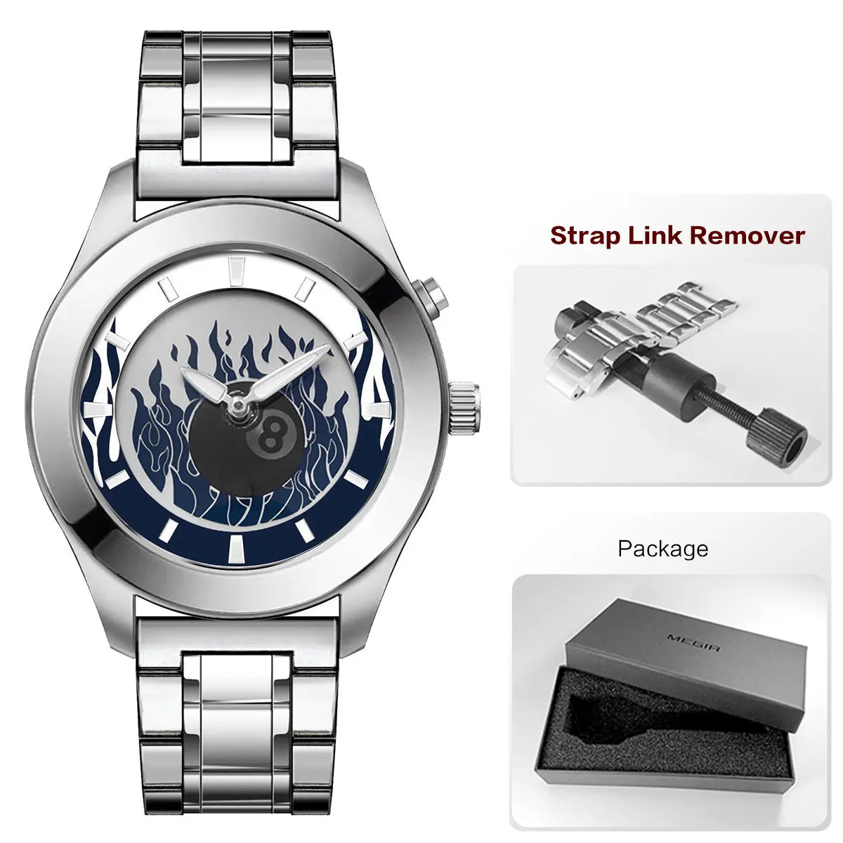 Men's Quartz Watch with Dynamic Animated Flame Display Millennium Retro Creative Futuristic Wristwatch with Stainless Steel Band