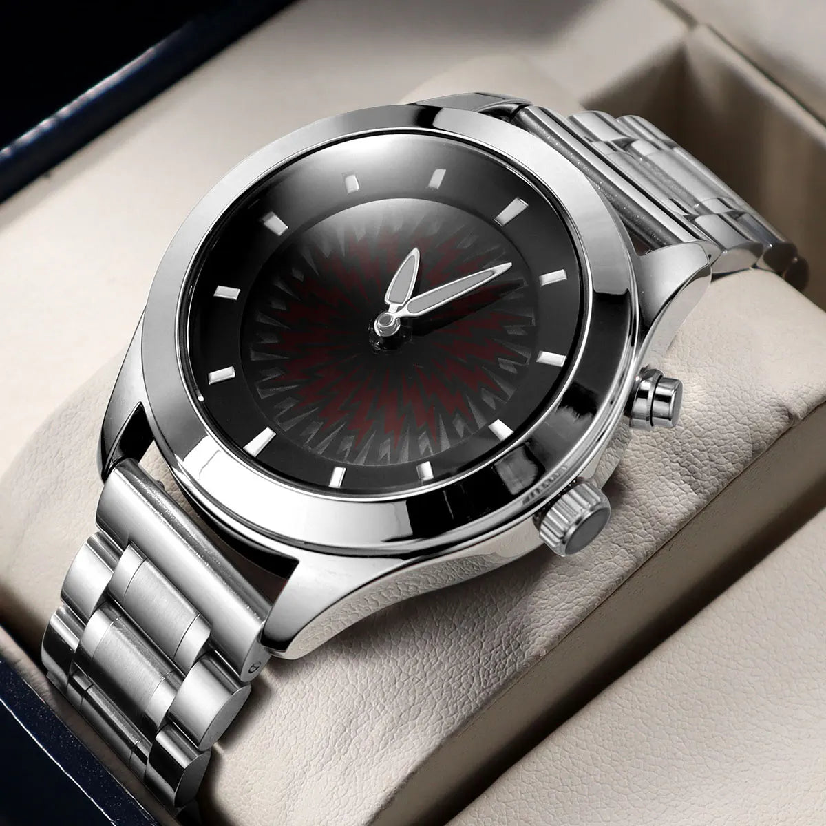 Men's Quartz Watch with Dynamic Animated Flame Display Millennium Retro Creative Futuristic Wristwatch with Stainless Steel Band