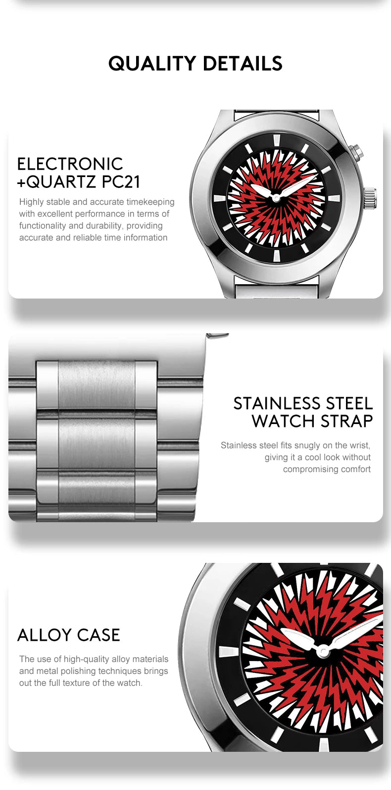 Men's Quartz Watch with Dynamic Animated Flame Display Millennium Retro Creative Futuristic Wristwatch with Stainless Steel Band